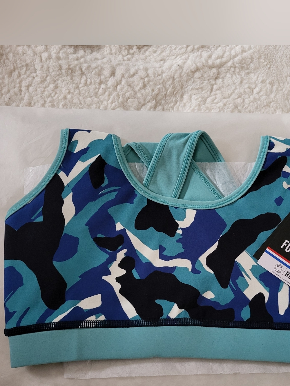 FOURLAPS 4 Laps Infinity Sports Bra Size XS Crisp Camo Porcelain Blue Aqua NWT